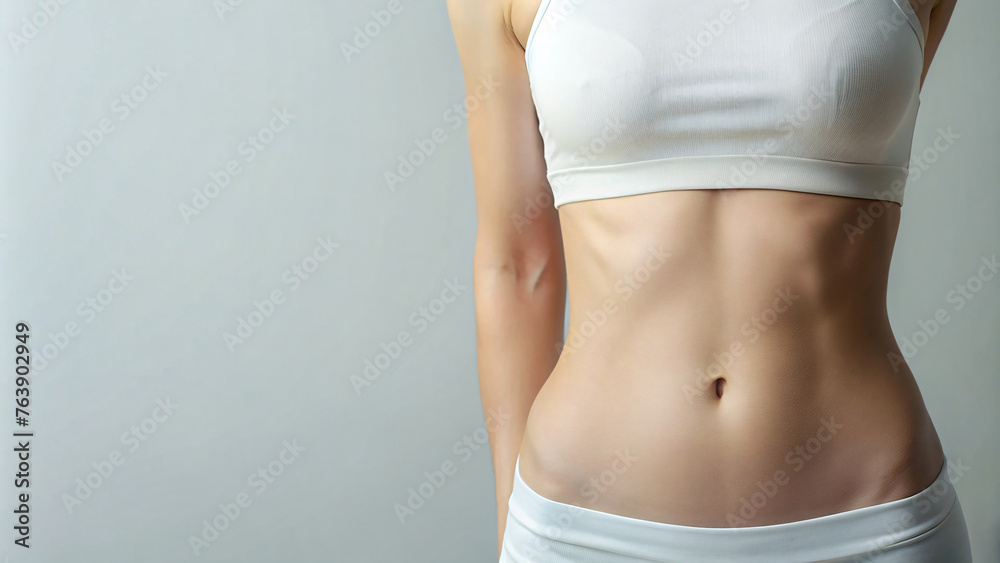 Slim woman , showcasing fitness and healthy lifestyle, with focus on her toned abdomen and waist Slim woman , showcasing fitness and healthy lifestyle, with focus on her toned abdomen and waist