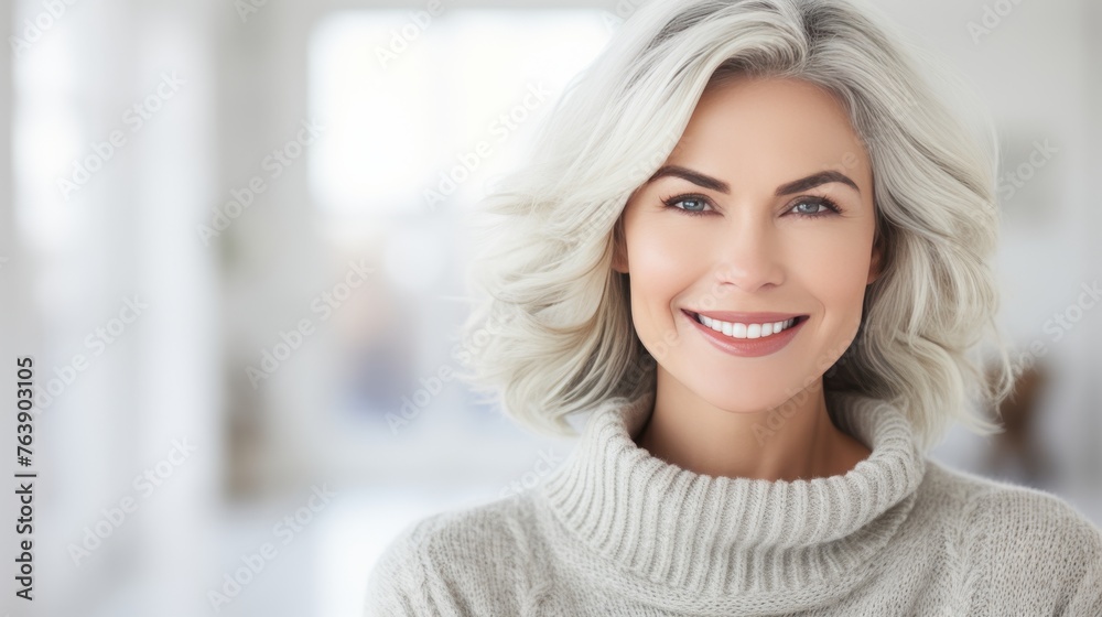 Happy beautiful middle-aged woman posing in front of blurred white living room background Happy beautiful middle-aged woman posing in front of blurred white living room background