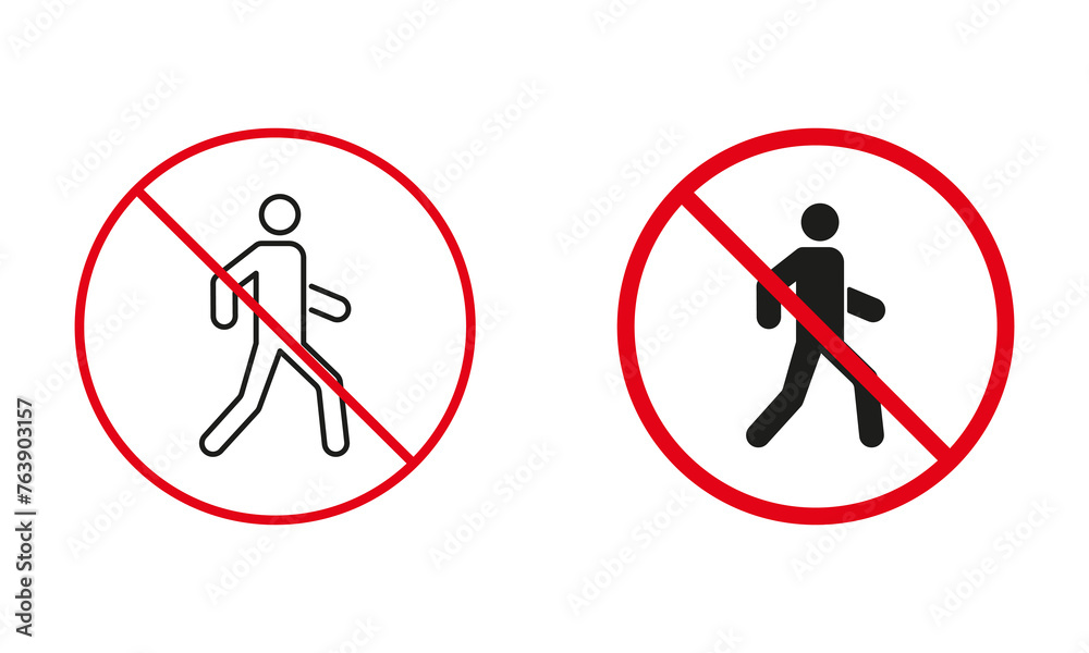 Pedestrian Walking Not Allowed Road Sign. No Entrance for the Man Circle Symbol Set. Prohibit Traffic Red Sign. No Access To Pedestrian Line and Silhouette Icons. Isolated Vector Illustration