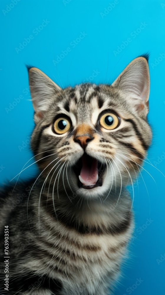A very surprised cat with wide open eyes and mouth on a yellow background