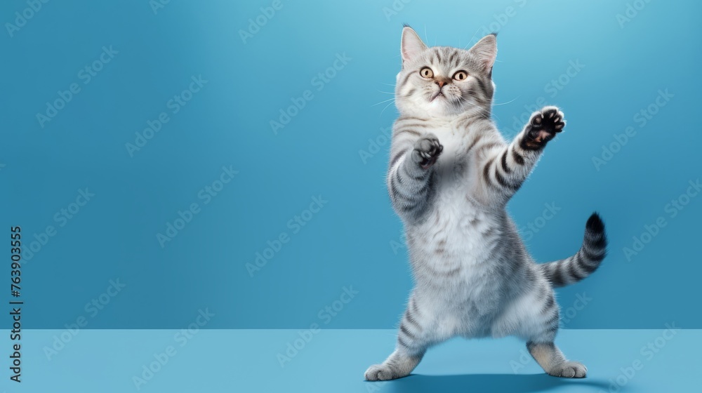 Naklejka premium The cat stands on its hind legs and dances