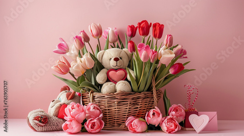 teddy bear with pink flowers in basket 
