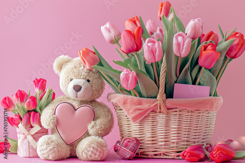 teddy bear with pink flowers in basket 