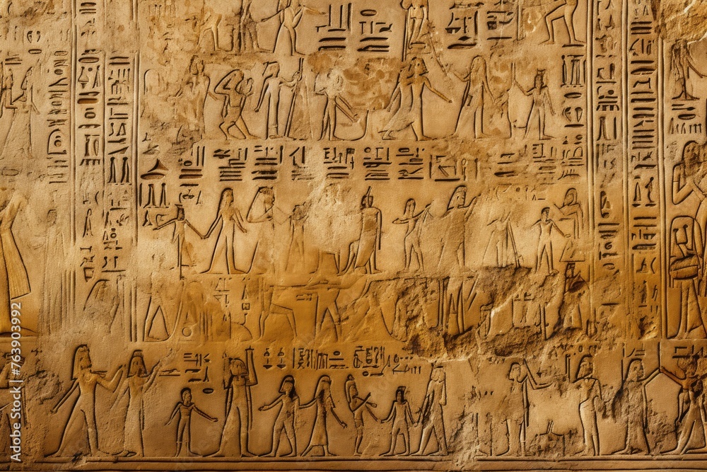 A close-up of the ancient hieroglyphs in the Valley of the Kings, Egypt. - obrazy, fototapety, plakaty 