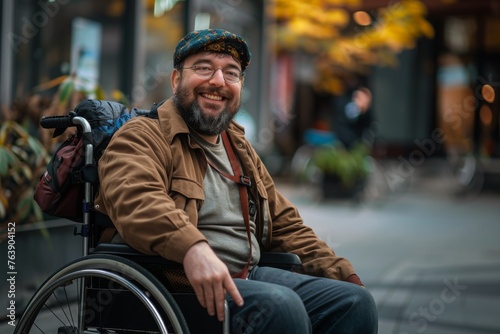 Disabled man in wheelchair laughing and smiling. Photo portrait of cheerful young man in shirt with limited mobility. Illustration of inclusivity, society for disabled people, happy way of life.