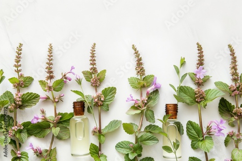 patchouli essential oil in the glass bottle, with fresh patchouli leaves, patchouli oil, aromatic oil, cosmetic product photo