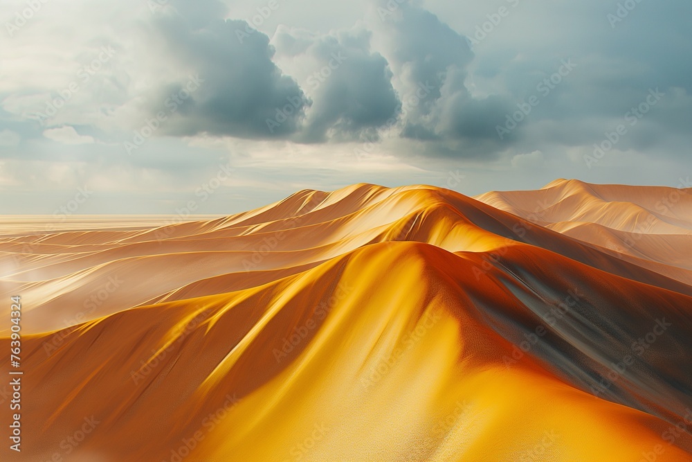Sunset over the desert, yellow sand dunes. Waves of sand in all directions - obrazy, fototapety, plakaty 