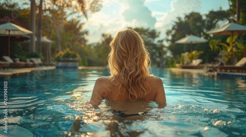  blond woman reclining a swimming pool at an outdoor spa, surrounded by lush greenery and cascading water features, with a peaceful expression on her face as she enjoys a pampering treatment