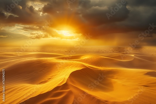 Sunset over the desert  yellow sand dunes. Waves of sand in all directions