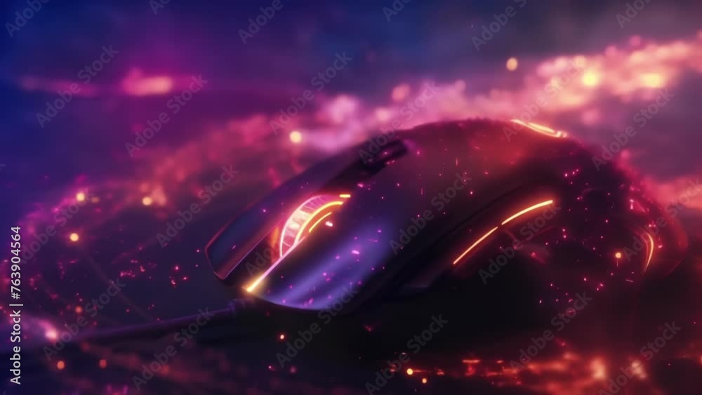 A detailed shot of a customized gaming mouse equipped with extra buttons and a slick hightech design resting on a mousepad adorned with a galactic pattern.