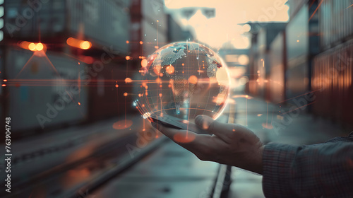 Photo close up of businessman hands holding pad with abstract digital logistics delivery and transportation hologram with globe and network on blurry dock background double exposure. Generative Ai © Handz