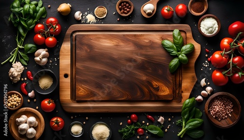 Italian food cooking ingredients on dark background with rustic wooden chopping board in center, top view, copy space
