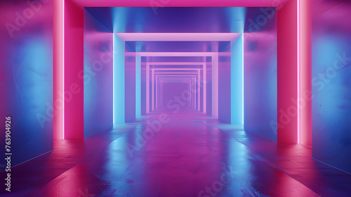 Purple light illuminates an empty hallway with long shadows stretching from the columns