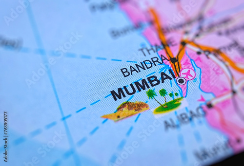 Mumbai on a map of India with blur effect.