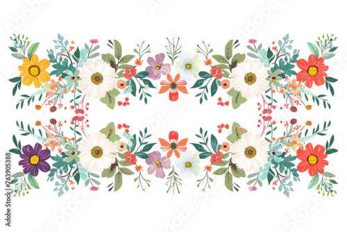 Horizontal white banner or floral backdrop decorated with gorgeous multicolored blooming flowers and leaves border.