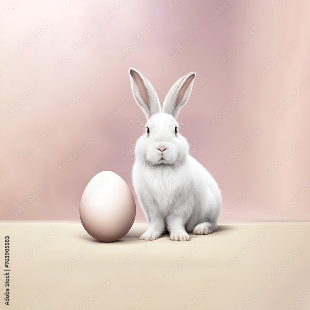 cute white bunny sits among colorful easter eggs. illustration with fluffy bunny and eggs