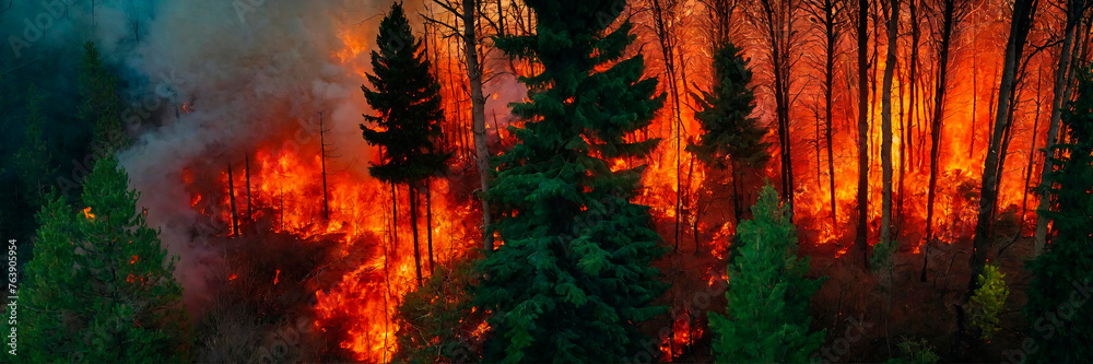 Fiery forest inferno, ideal for topics on wildfire causes, prevention, and forest ecology education.