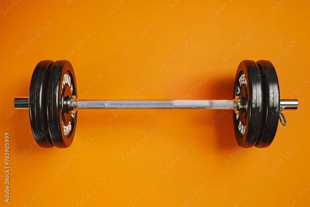 Black barbell on vivid orange background, sleek gym equipment. Black barbell on vivid orange background, sleek gym equipment.