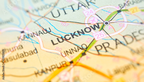 Lucknow on a map of India with blur effect. photo