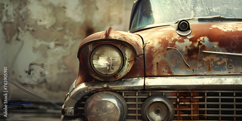 A rusted old car with a rusted grill stand on the old working area background.