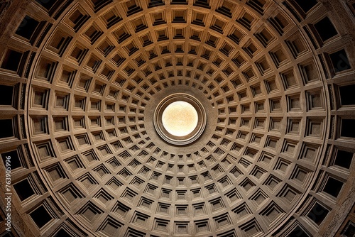 The intricate patterns on the ceiling of the Pantheon in Rome, Italy.