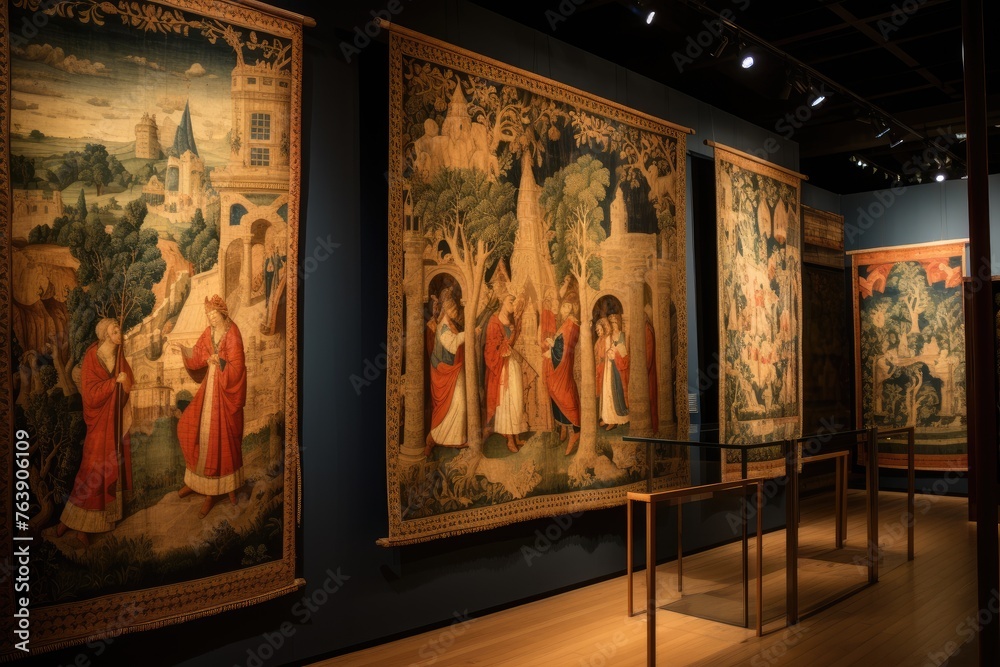 A detailed shot of the preserved medieval tapestries in the Cluny Museum, Paris.