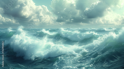 Blue Sea with Waves and Cloudy Sky Background