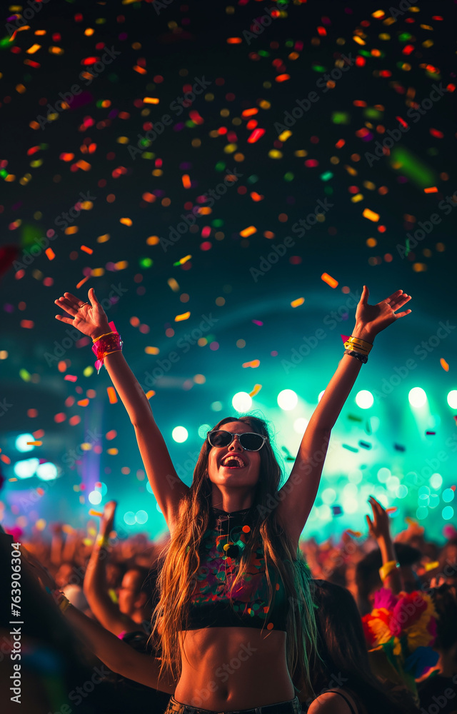 Obraz premium Low angle of young girl during a music festival at night