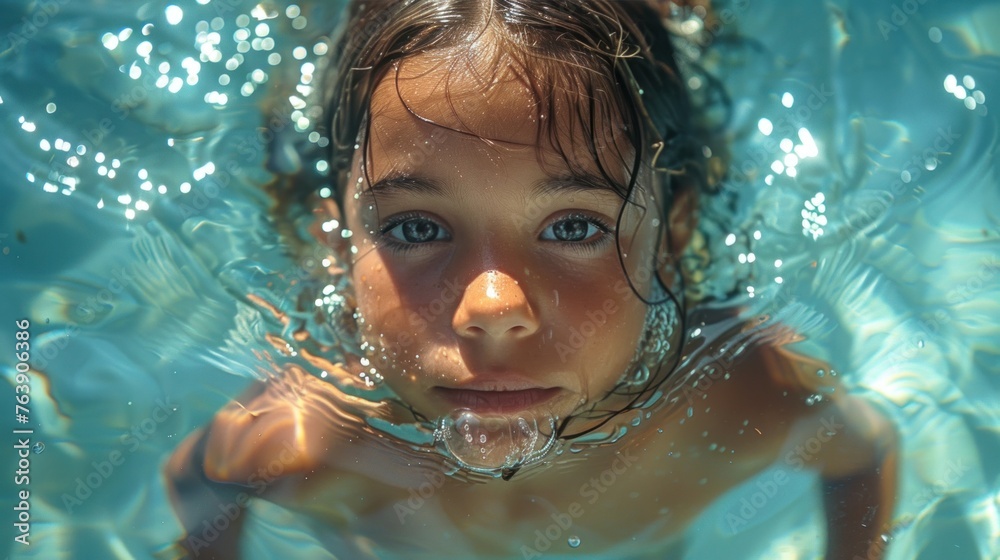 a little girl enjoying a swim in a body of water, with bright colors and lively movements capturing the excitement of aquatic play
