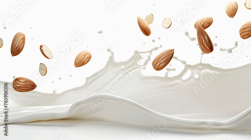 A white background with a splash of milk and a bunch of almonds floating in it