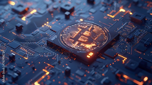 Photo creative bitcoin circuit hologram on wide dark blue background cyber hologram and cryptocurrency concept 3d rendering. Generative Ai