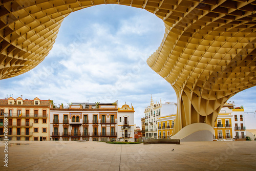 Metropol Parasol wooden structure located in the old quarter of Seville, Spain. Empty place without people.