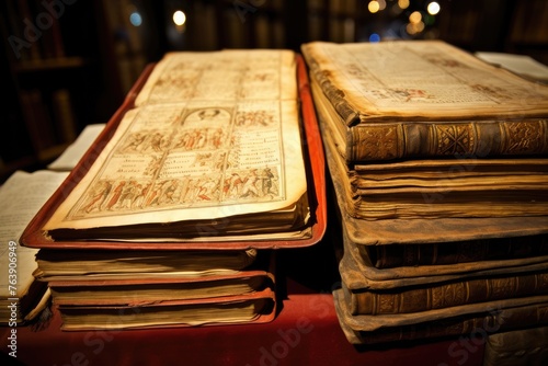 A detailed shot of the preserved ancient manuscripts in the Bodleian Library, Oxford. photo