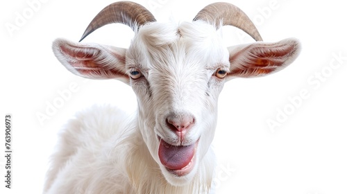 a funny white goat with a humorous expression and its tongue out isolated on a white backdrop photo