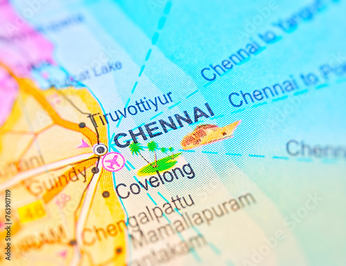Chennai on a map of India with blur effect.