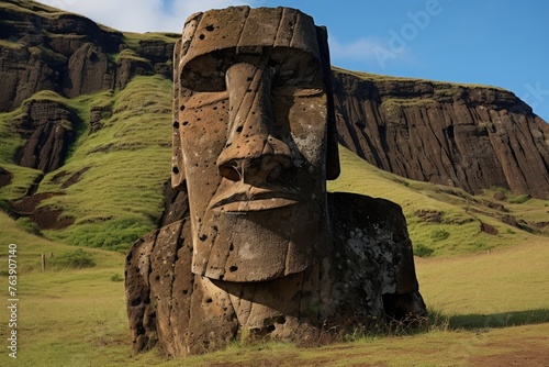 The intricate carvings on the Moai statues of Rano Raraku, Easter Island.
