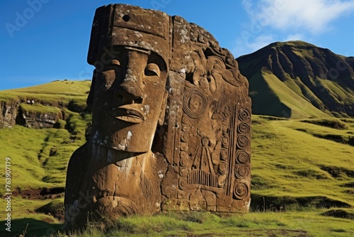 The intricate carvings on the Moai statues of Rano Raraku, Easter Island.