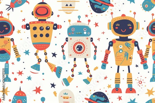 Abstract funny robot toys seamless pattern banner, wallpaper for kids, bright colors over white background. Wrapping paper for presents, isolated png. Baby linen, clothes and products for children