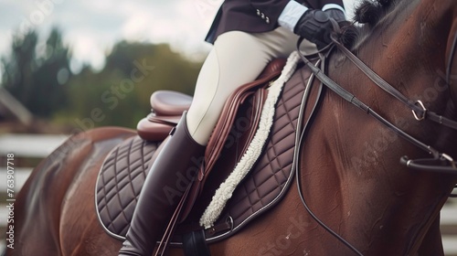 closeup of a saddle with stirrups on the back of a horse photo