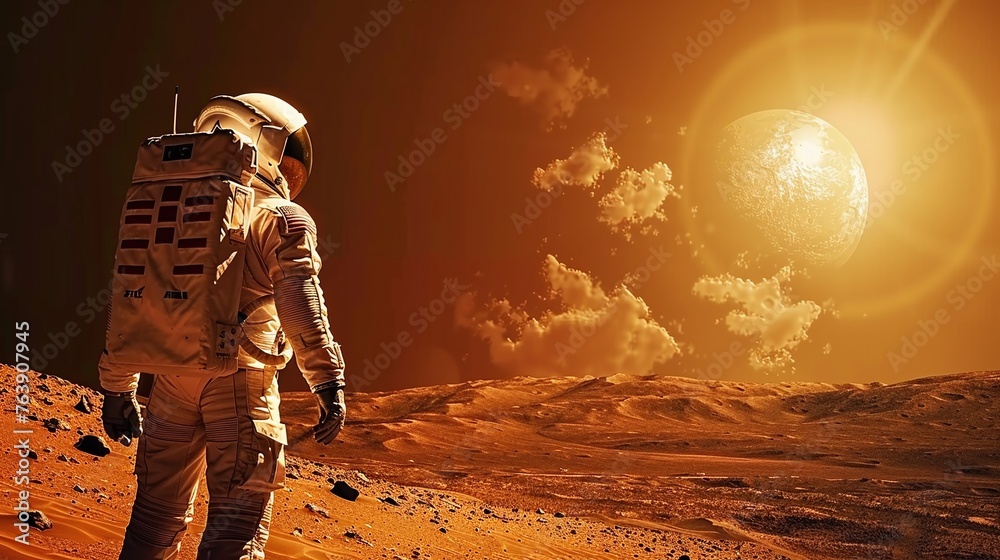 an astronaut against the stark backdrop of mars highlights the dawn of space colonization and interplanetary research - obrazy, fototapety, plakaty 
