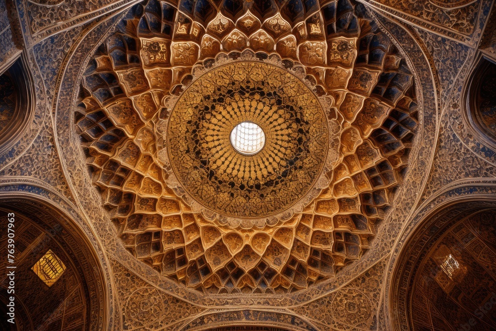 The intricate patterns on the ceiling of the AlcÃ¡zar of Toledo, Spain.
