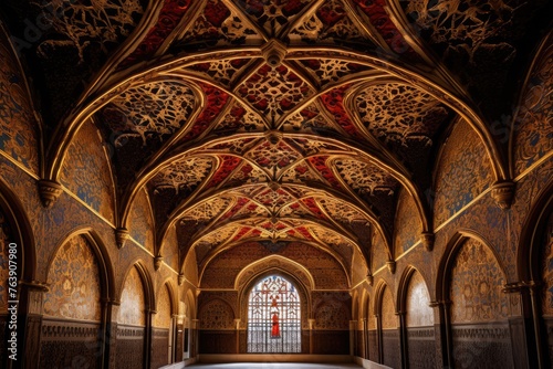 The intricate patterns on the ceiling of the AlcÃ¡zar of Toledo, Spain.