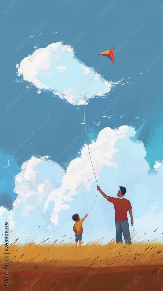 A whimsical illustration of a father and child flying a kite under a cloud-filled blue sky A whimsical illustration of a father and child flying a kite under a cloud-filled blue sky