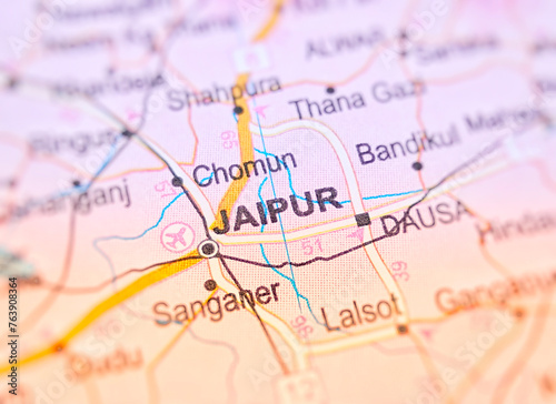 Jaipur on a map of India with blur effect.