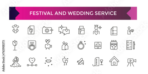 Festival and wedding seervice icon set. Gift and surprise line icons collection. Holiday, cake, present, stars icons. UI icon set.