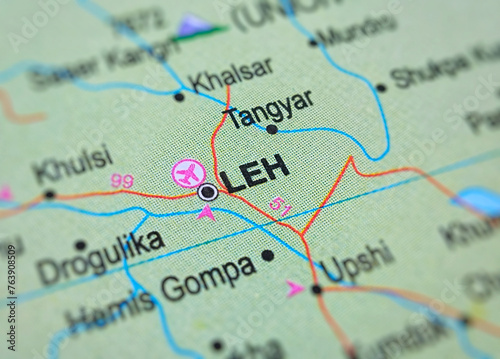 Leh on a map of India with blur effect.
