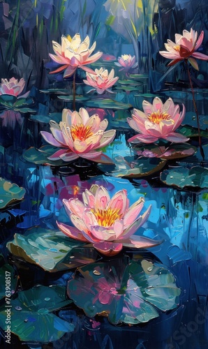 delicate beauty of garden reflections, with water lilies and purple flowers mirrored on the shimmering surface of a tranquil pond against a backdrop of soft blue hue