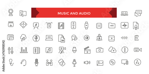 Music and Audio line stroke vector icon set, Sound Voulme, audio wave, soundbeat, speaker. photo