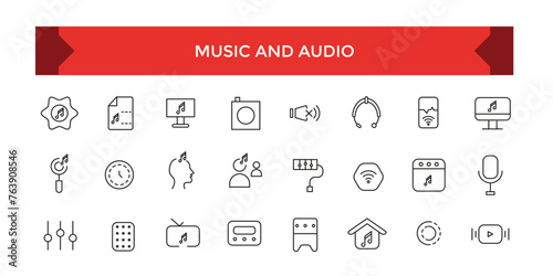 Music and Audio line stroke vector icon set, Sound Voulme, audio wave, soundbeat, speaker. photo