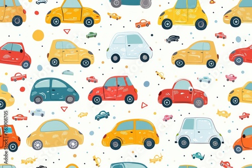Abstract funny car toys seamless pattern banner, wallpaper for kids, bright colors over white background. Wrapping paper for presents, isolated png. Baby linen, clothes and products for children